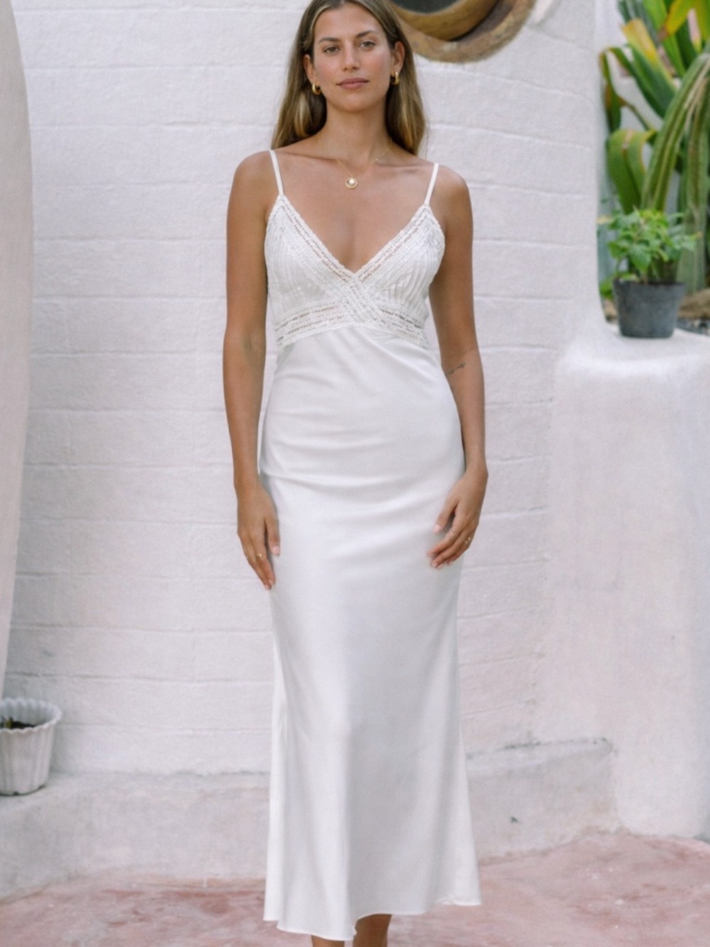 Elegant White Satin Slip Dress with Lace Bodice